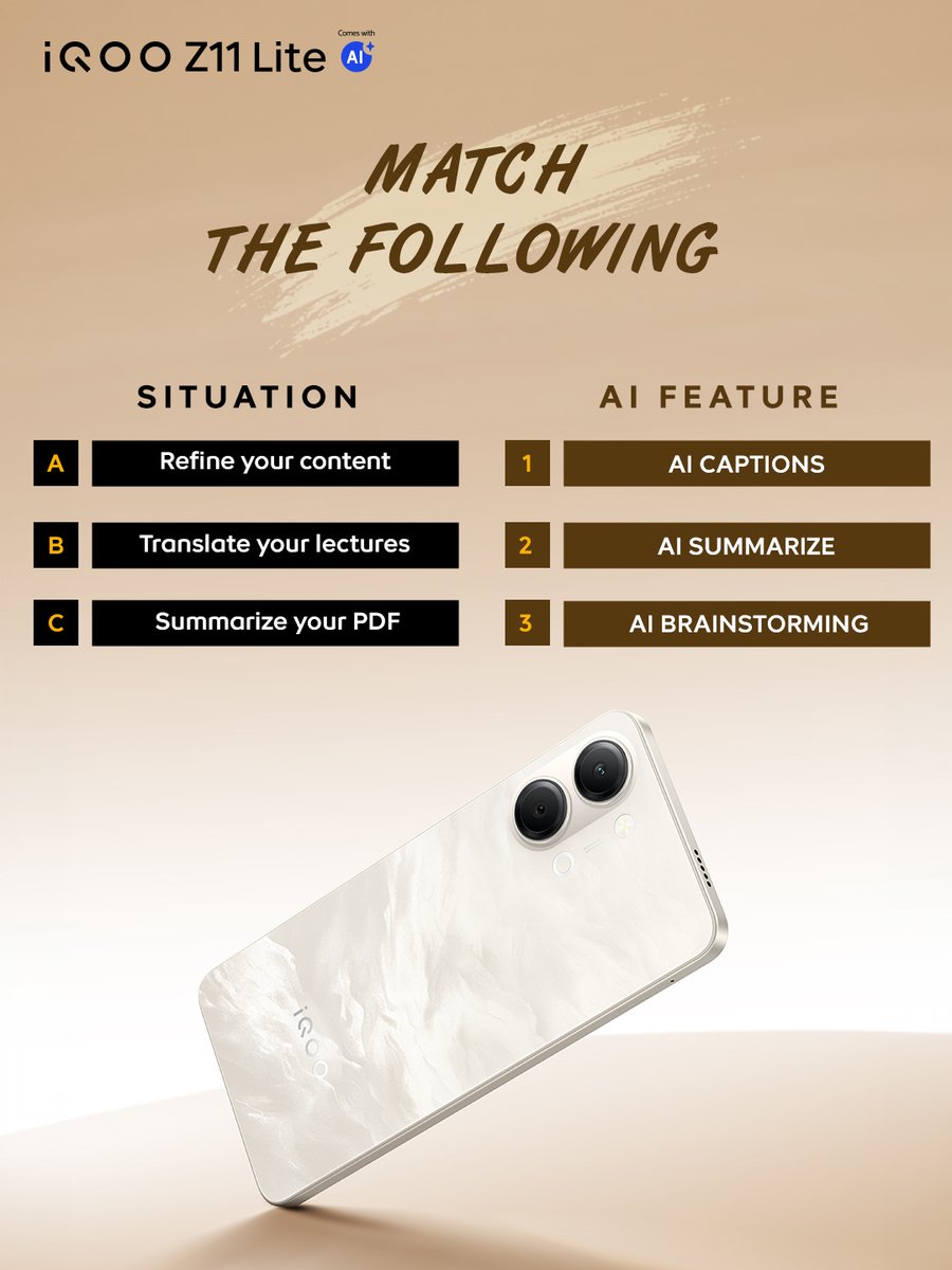 nipunmarya's tweet photo. Giveaway Alert: AI Challenge 1⃣ is live! 

Think you know your AI features well?   

Put it to test and drop your answers below.
#iQOOZ11Lite #NonStopNoLimits 

T&Cs Apply: https://t.co/Ray8C7wQj1