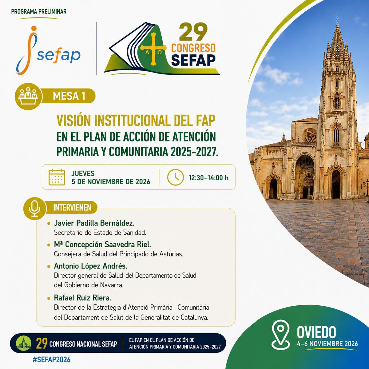 Sefap_FAP's tweet photo. 📢 Mesa 1 | 29 Congreso Nacional de SEFAP

🏛️ Visión institucional del FAP en el Plan de Acción de Atención Primaria y Comunitaria 2025-2027.

🗓️ 5 nov. | 12:30–14:00 h
📍 Oviedo

#SEFAP #FAP #AP #AtenciónPrimaria #CongresoSEFAP #SEFAP2026 https://t.co/gwg7aQWTHW