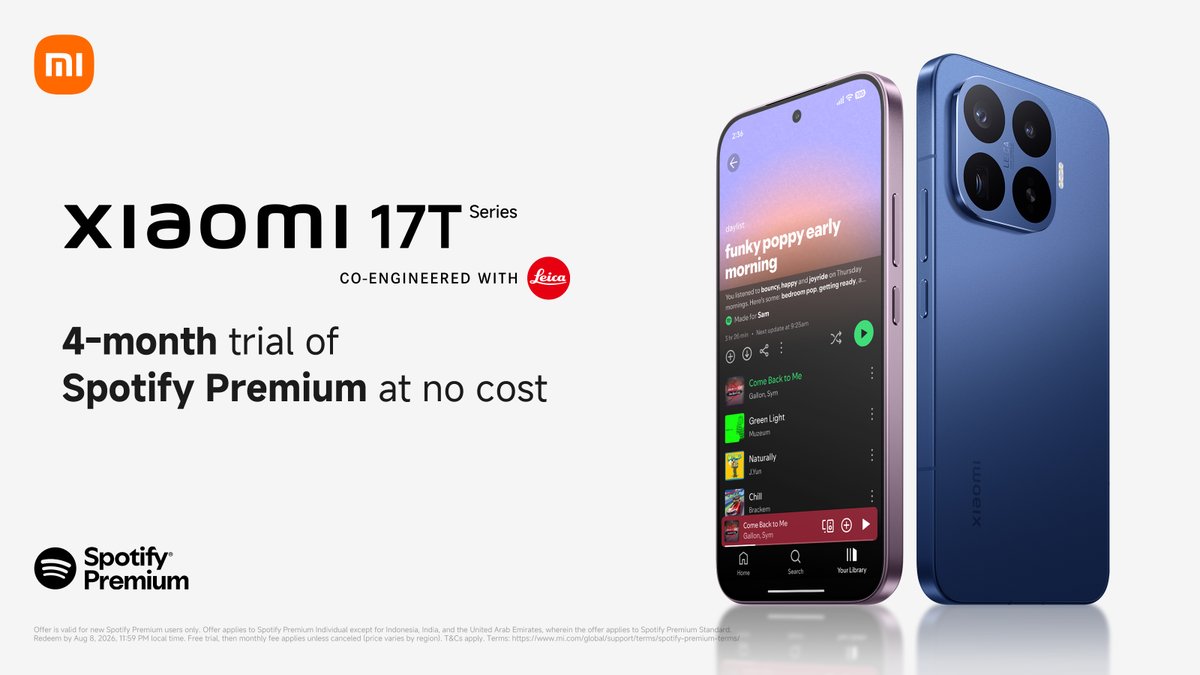 XiaomiUK's tweet photo. Level up your music game with our new Xiaomi 17T Series.

Enjoy 4 months of Spotify Premium at no extra cost. T&amp;Cs apply.

Learn more: https://t.co/C9GMhq0b2d https://t.co/W2S5SMMTSl
