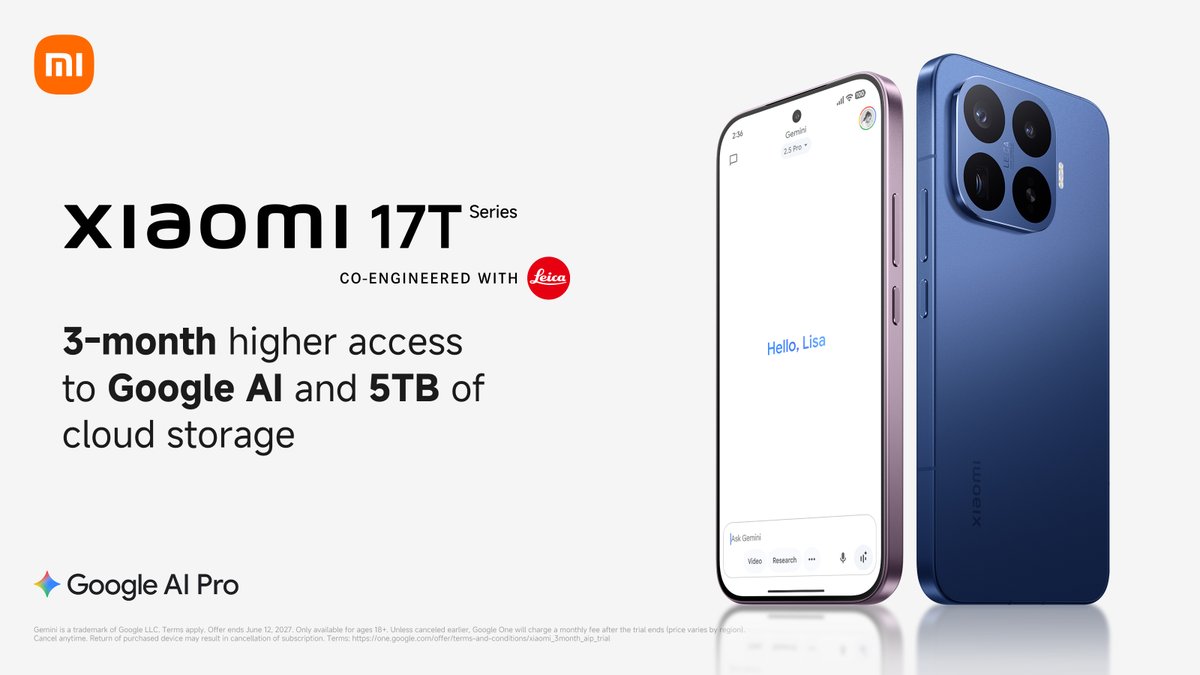 XiaomiUK's tweet photo. Unlock limitless productivity and creativity with our new Xiaomi 17T Series. 

Enjoy a 3-month trial of Google AI Pro at no extra cost. T&amp;Cs apply.

Learn more: https://t.co/C9GMhq0b2d https://t.co/U38JUl920E