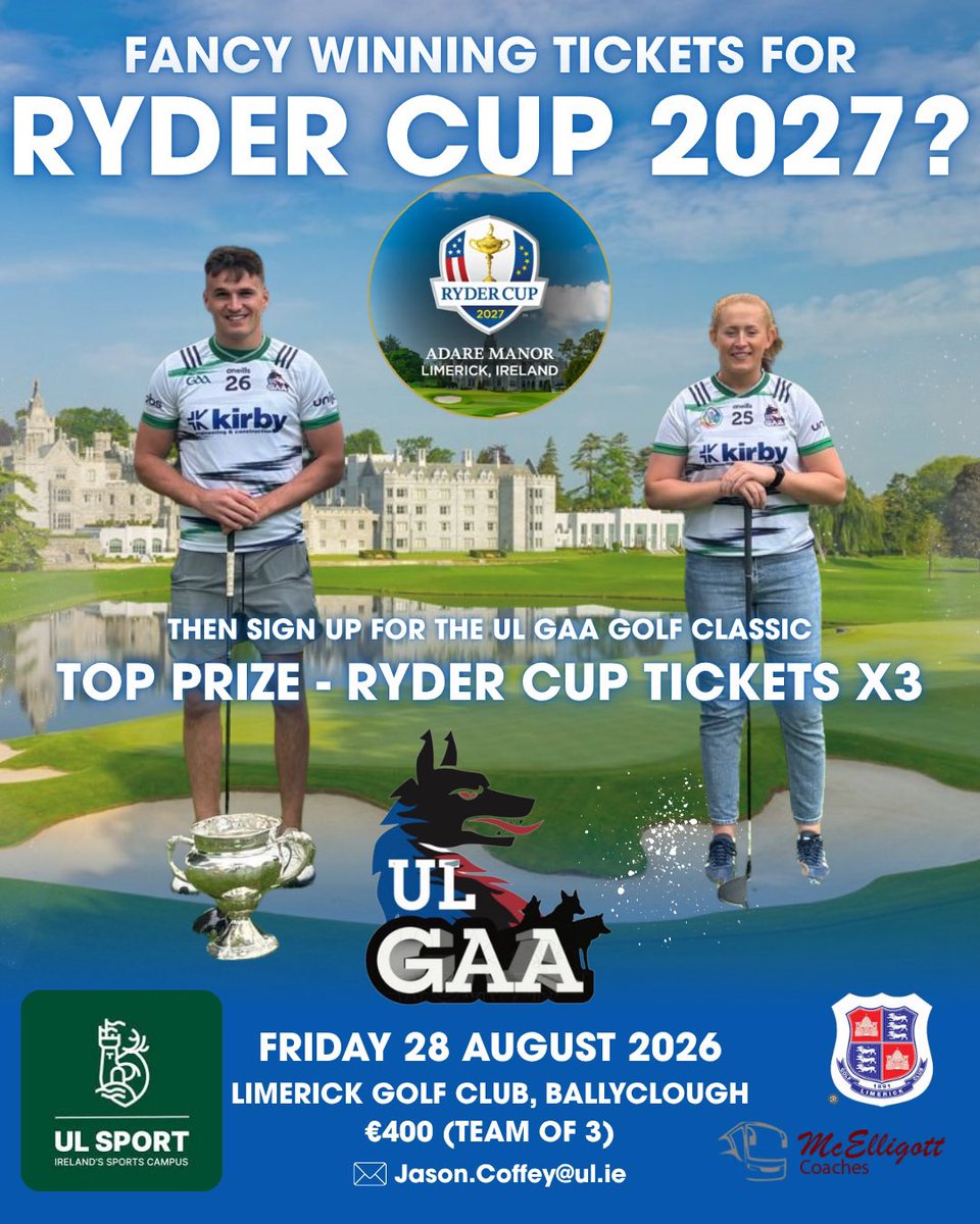 ul_gaa's tweet photo. 1️⃣ MONTH TO GO ⛳️

Not long to go until our Annual Golf Classic @LimerickGC where the winning team on the day will secure tickets to the Ryder Cup next September!

We still have some tee times and sponsorship opportunities available. Contact Jason.Coffey@ul.ie 📧 for more details https://t.co/ouwCZLQn8S