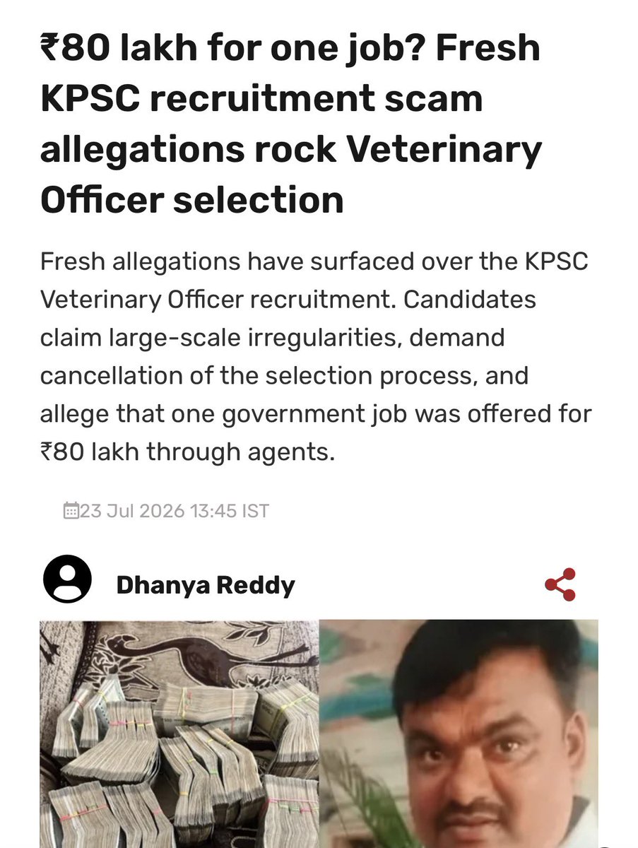 Girishvhp's tweet photo. KPSC has become a den of corruption and a marketplace for government jobs. ₹80 lakh for a Veterinary Officer post is the latest shocking allegation. 

Governments and political parties have changed, but KPSC has not.

If this institution cannot guarantee merit, transparency and fairness, shut it down and rebuild the recruitment system from scratch. Enough of this nonsense.