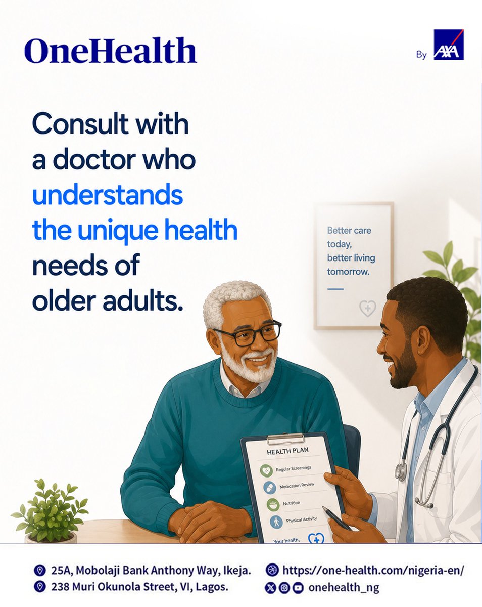 OneHealth_ng's tweet photo. Growing older should mean living better, not slowing down. 

Expert geriatric care can help prevent complications, manage chronic conditions, and keep you living life to the fullest.

📞 𝟎𝟗𝟎𝟑𝟗𝟖𝟏𝟕𝟎𝟏𝟐

#OneHealthByAXA #HealthyAgeing #SeniorCare #GeriatricMedicine https://t.co/4JSRat8thv