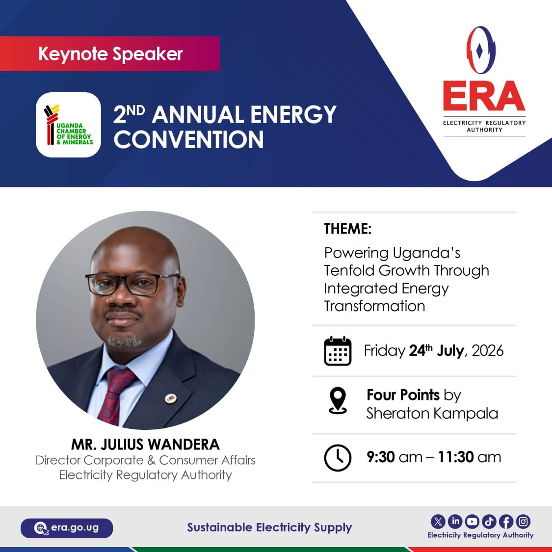 ERA_Uganda's tweet photo. Tomorrow, @ERA_Spox will deliver a keynote address at the 2nd Annual Energy Convention hosted by @UgandaChamber. https://t.co/ACoJzCeu3d