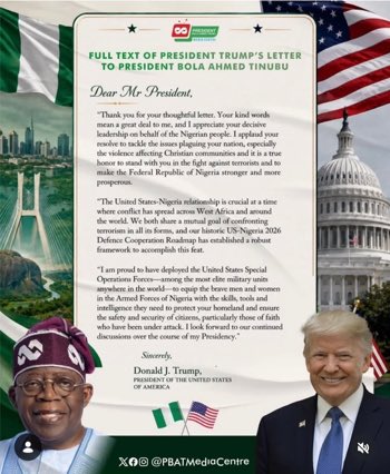 a_little_god_'s tweet photo. Dear @POTUS @realDonaldTrump,

Are you aware that the ruining party of Nigeria, @OfficialAPCNg, and the @NigeriaGov under the leadership of @officialABAT, are peddling a letter of appreciation, purportedly from you to Tinubu, who underwent trials and was found culpable in heroine trafficking in the US (and had to forfeit USD 460,000) in 1993?

Could you please confirm if you’re now a supporter of Drug Traffickers? Kindly let us know. Thank you.