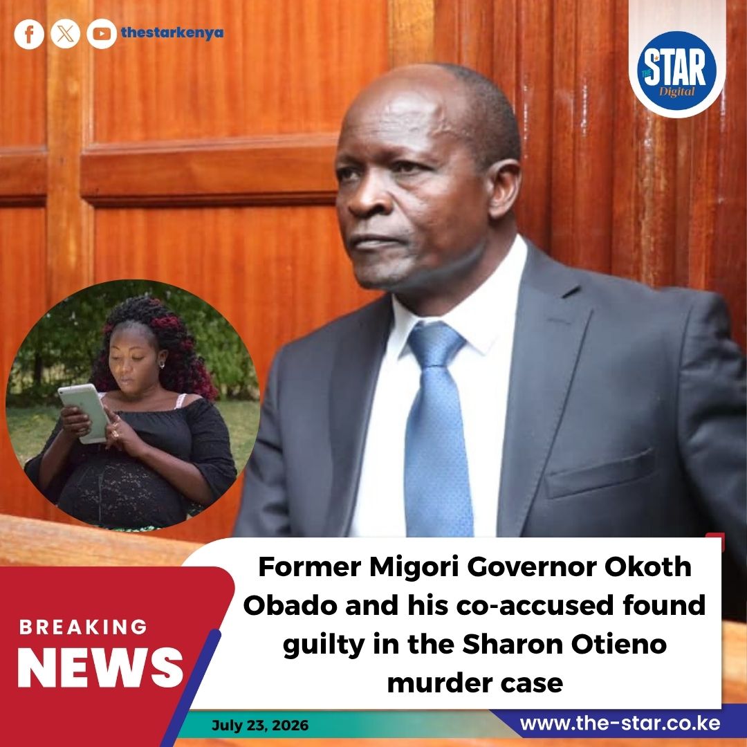 TheStarKenya's tweet photo. Former Migori Governor Zachary Okoth Obado and his co-accused, Michael Oyamo and Caspal Obiero, have been found guilty of the murder of university student Sharon Otieno.

This brought an end to one of Kenya's most high-profile criminal trials. Delivering the judgement at the Milimani High Court on Thursday.
#starkenyanews