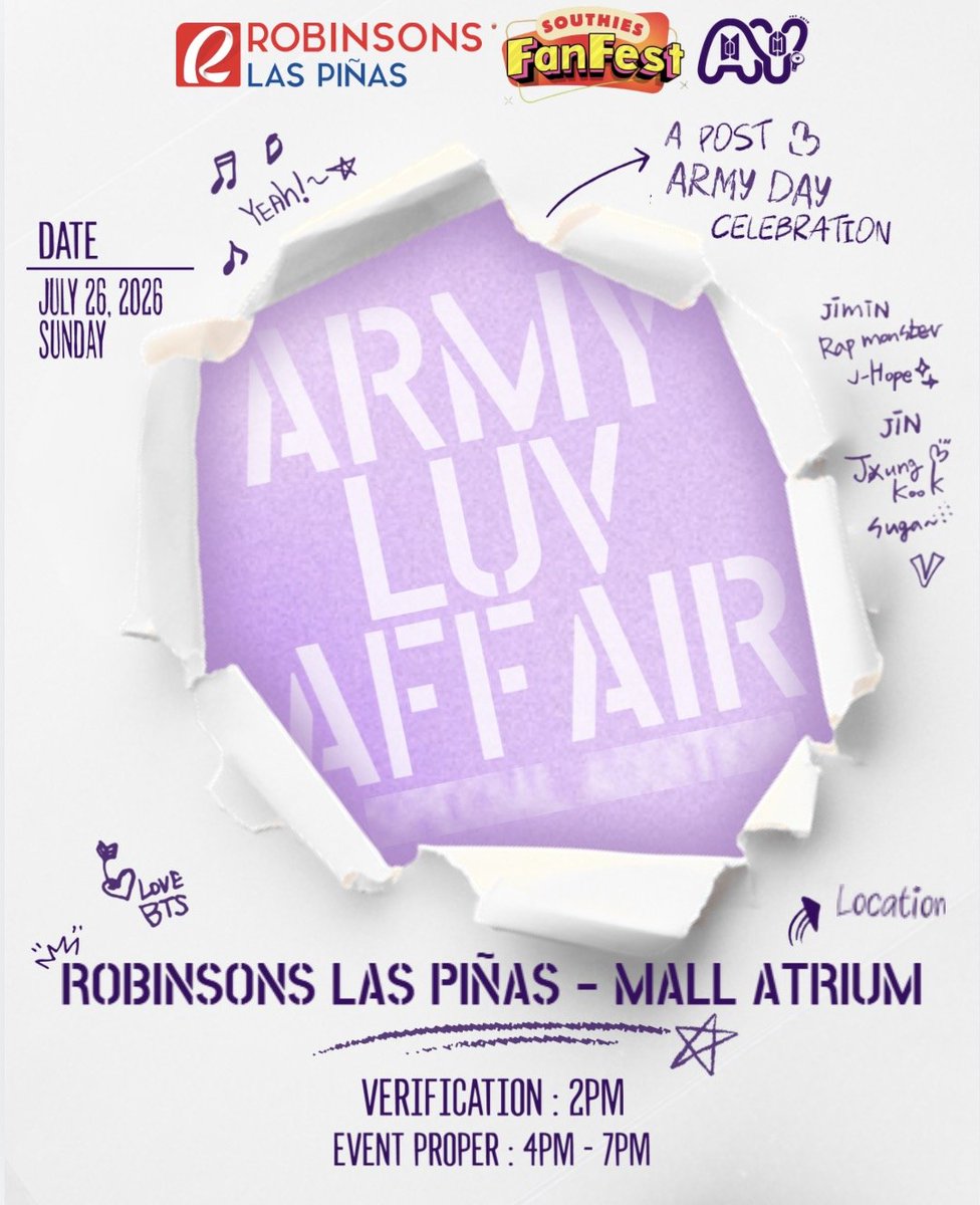 philconcerts's tweet photo. PH ARMYs, the celebration is not yet over! ✨

𝐀𝐑𝐌𝐘 𝐋𝐔𝐕 𝐀𝐅𝐅𝐀𝐈𝐑 Fan Gathering in celebration of BTS ARMY Post Anniversary is happening on July 26, 2026 at Robinsons Place Las Piñas, Mall Atrium.

𝐄𝐯𝐞𝐧𝐭 𝐒𝐜𝐡𝐞𝐝𝐮𝐥𝐞
🕑 Verification: 2PM
🕓 Event Proper 4-7PM

FREE ADMISSION and Open to all ARMY. Register now!
🟣 https://t.co/pvDiseH7Q9

𝐂𝐥𝐚𝐢𝐦 𝐲𝐨𝐮𝐫 𝐅𝐫𝐞𝐞𝐛𝐢𝐞𝐬 (until supplies last only)
• Postcard
• Photostrip
• Photocard

𝐌𝐞𝐫𝐜𝐡𝐚𝐧𝐭𝐬
Btsintheshop.mnl • The Arkive PH • Colen Purple Shop • The Gold Coasts • Pillow Avenue • Meogeo Meogeo Online Store • Behind The Scene Merchandise • GA69 Korean Merchandise 

Let's create another purple memory together. See you, ARMY! 💜

#RobinsonsMalls #OurFavoritePlace #SouthiesFanFest #ARMYLuvAffair #BTSARMY13thAnniversary