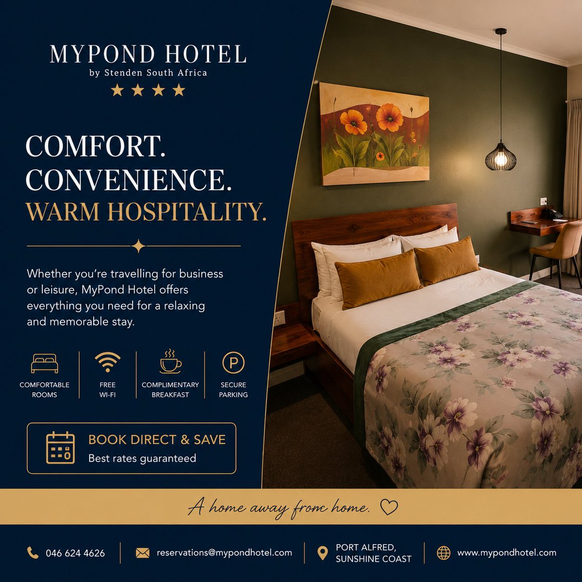 MyPondHotel's tweet photo. Looking for a stay that's comfortable, convenient and welcoming?
MyPond Hotel offers warm hospitality, complimentary breakfast and the best available rates when you book direct.
π https://t.co/puO9RrH0dh
#MyPondHotel #PortAlfred #BookDirect #EasternCape https://t.co/4cOzeTA23o
