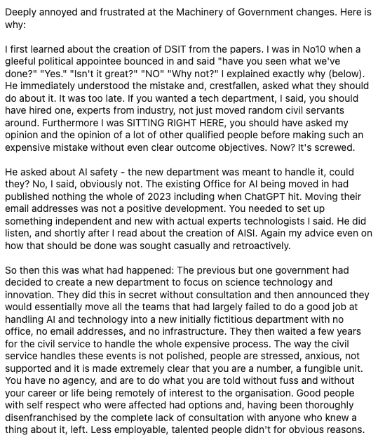 ShakeelHashim's tweet photo. Laura Gilbert — former Number 10 director of data science and incubator for AI, now senior director of AI at TBI — has published a *scathing* critique of how recent governments have treated science and tech policy, as seen from the inside. https://t.co/UggmDbSkQd