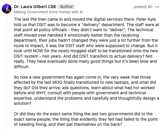 ShakeelHashim's tweet photo. Laura Gilbert — former Number 10 director of data science and incubator for AI, now senior director of AI at TBI — has published a *scathing* critique of how recent governments have treated science and tech policy, as seen from the inside. https://t.co/UggmDbSkQd