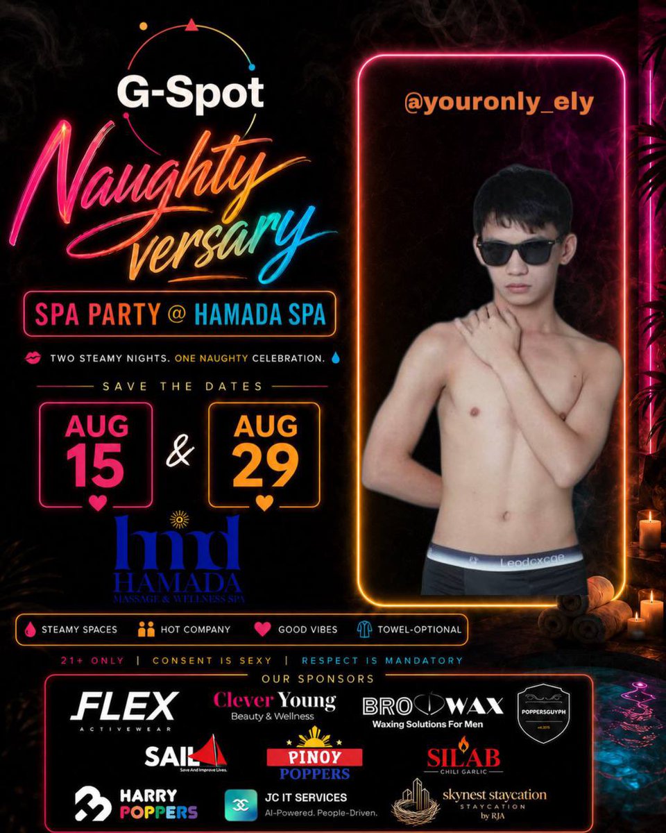 GrinderPH_grp's tweet photo. Get ready for 2-Part NaughtyVersary event this coming August 15 & 29 as @GrinderPH_grp celebrate its 1st anniversary. 🔥

@Youronly_ely will be there as one of the Alter Guests, so if you’ve been wanting to meet him or just want to have a fun night with good people, this is your sign. 😉

For inquiries send a message to @jamezamezz | @rhy_mc | @oshverss

Sponsored by: @Pinoy_Poppers • @PoppersGuyPH • @harrypoppersph • Flex • @browaxWaxingph • Clever Young • @HMDWellnesspa • Silab • JC IT Services • SKY NEST Staycation by RJA

Access the events hub: https://t.co/Q4zHYl0539

Tara? See you at Hamada Spa! 💦❤️