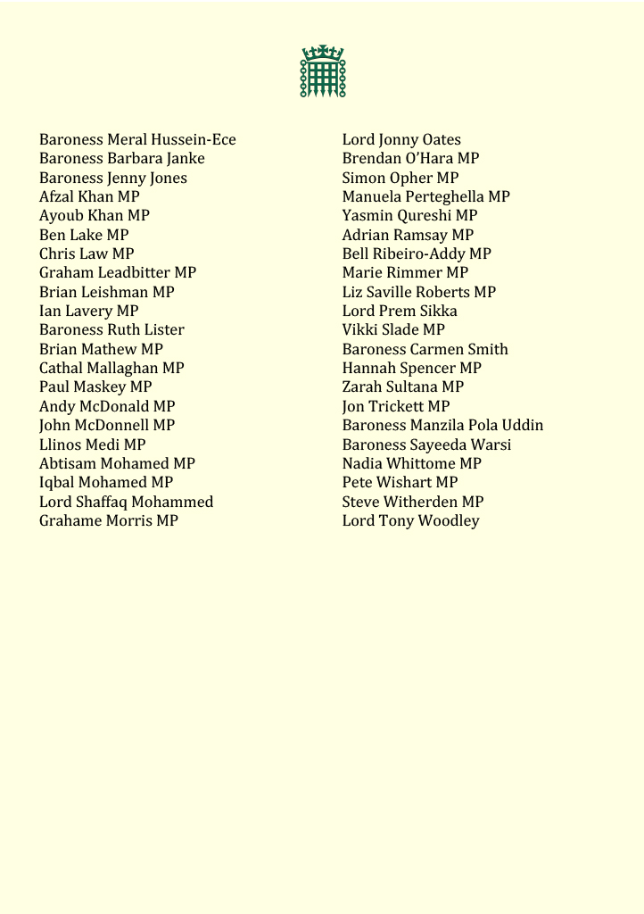 KimJohnsonMP's tweet photo. I'm one of 80 MPs &amp; Peers calling on the PM to:

- Recognise the UN’s findings on genocide &amp; implement the ICJ ruling in full
- Impose sanctions including a full arms embargo
- Ban trade that supports Israel’s illegal settlements

End Britain’s complicity in genocide, now. https://t.co/TjtJ0yj2Qq