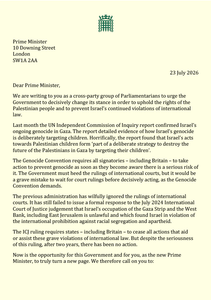 KimJohnsonMP's tweet photo. I'm one of 80 MPs &amp; Peers calling on the PM to:

- Recognise the UN’s findings on genocide &amp; implement the ICJ ruling in full
- Impose sanctions including a full arms embargo
- Ban trade that supports Israel’s illegal settlements

End Britain’s complicity in genocide, now. https://t.co/TjtJ0yj2Qq