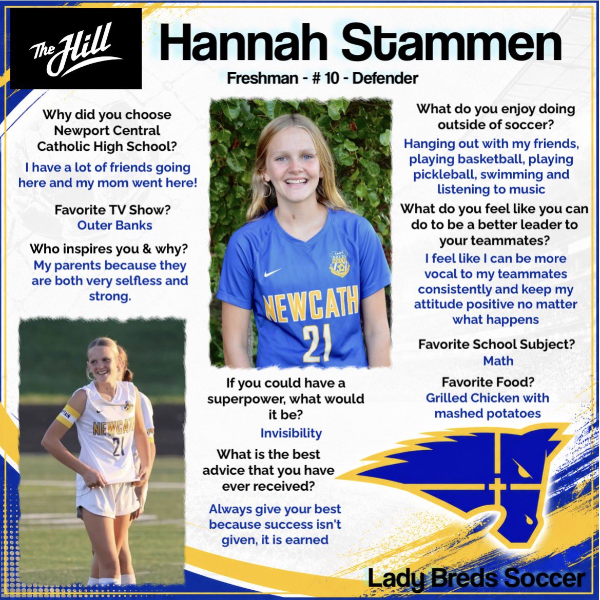 NCCLadyBredsSo's tweet photo. Today, we get to learn a little bit about another Freshman on our varsity team. Let’s get to know Freshman defender, Hannah Stammen!
#attitude #effort #progress #DefendTheHill #webelieve #letsgobreds #wearefamily #leadership #teamplayer #wearebuildingsomethingspecial https://t.co/83bkECrrGB
