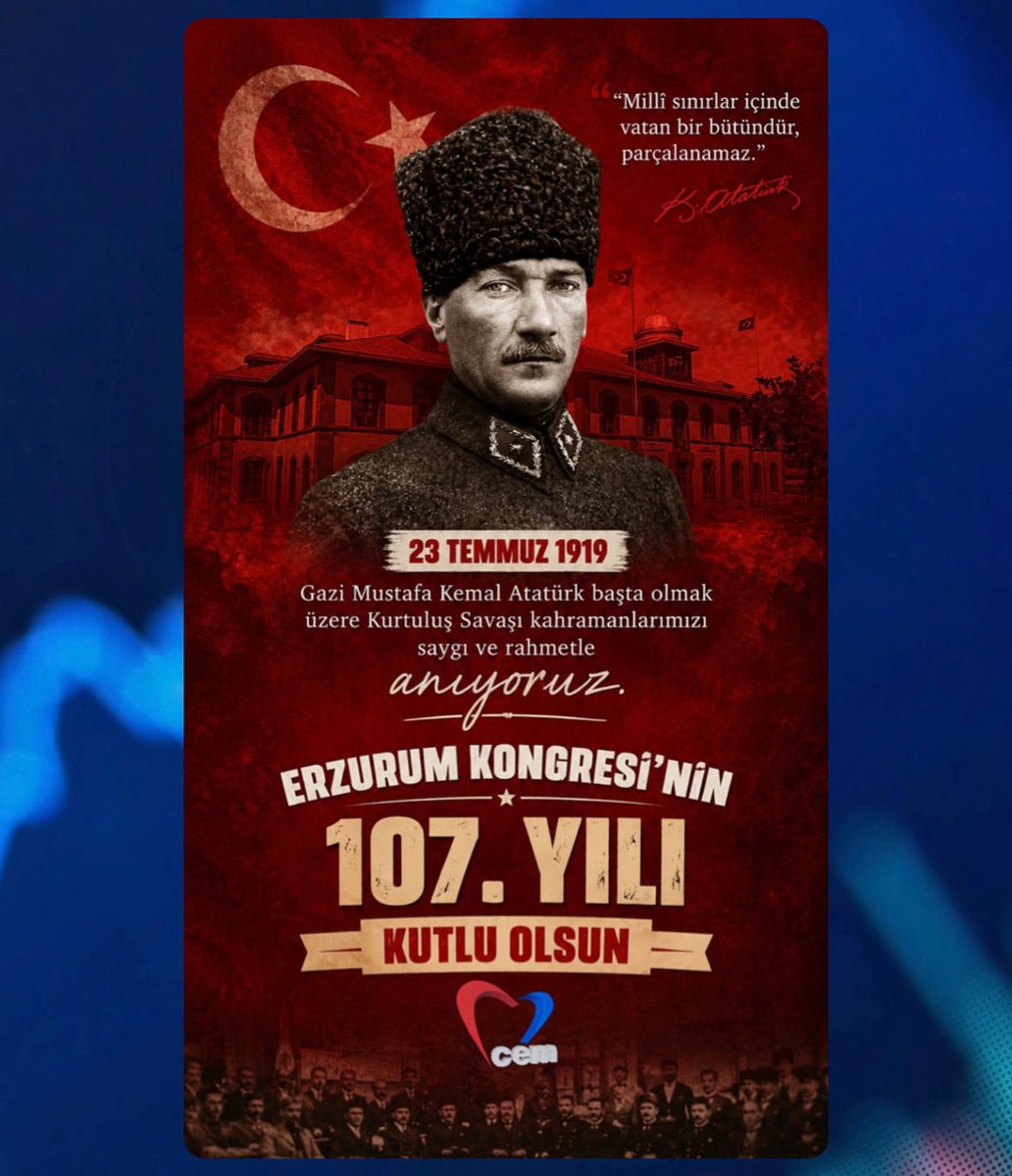 CemTelevizyon's tweet photo. “Millî sınırlar içinde vatan bir bütündür, parçalanamaz.”

Cem TV olarak Erzurum Kongresi’nin yıl dönümünde Gazi Mustafa Kemal Atatürk’ü ve silah arkadaşlarını saygı, minnet ve rahmetle anıyoruz. #cemtv #cemtelevizyonu #erzurumkongresi https://t.co/GO3Gb2Y2FS