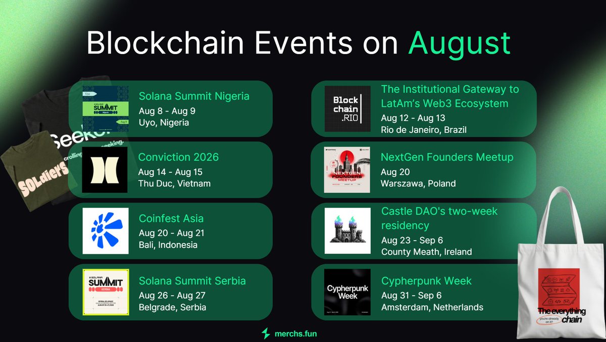 merchsdotfun's tweet photo. August is stacked.

Conferences. Side events. Builder meetups.

You're bringing the alpha. We'll bring the fit.

If you're heading to a Solana event, @merchsdotfun has the tee you need. https://t.co/VJU1CeEiGI