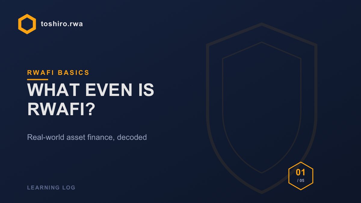 toshiro_rwa's tweet photo. What even is RWAFi?

#RWAFi = Real-World Asset Finance.

Basically: take something that exists off-chain (a bond, a building, a loan, gold in a vault) and put a token on-chain that represents a claim on it.

Why bother? Because once it's a token, it can move like crypto — instant settlement, 24/7 markets, fractional ownership, composable with DeFi (lend it, stake it, use it as collateral).

Simple mental model:
Real asset → legal wrapper (SPV/trust) → token on-chain → you hold the token, the token holds the claim.

The "Fi" part matters too — it's not just tokenization for a certificate, it's tokenization so the asset can actually be used in financial products. That's the whole unlock.

Next up: the biggest RWAFi category by far — tokenized treasuries. 🧵👇