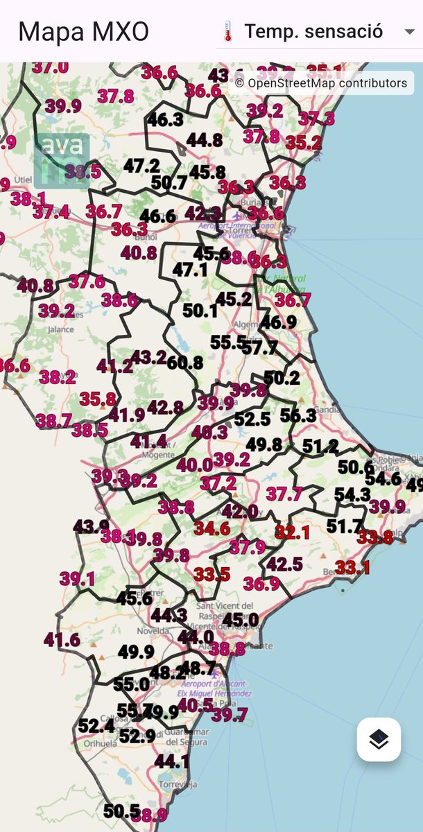 JuanjoVillena's tweet photo. Ahora mismo, en la red de la @avamet se ven sensaciones térmicas de hasta 60 °C. ¡Mirad Sumacàrcer!

Ese dato pinta extremadamente peligroso, @AEMET_CValencia y @apuntoratge. 🤔 https://t.co/yy42v9ufyj