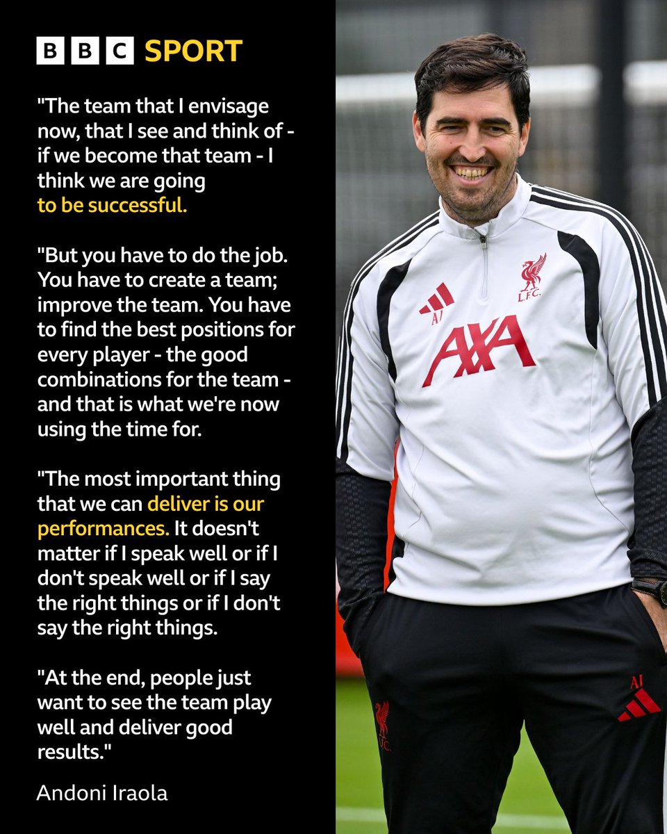BBCSport's tweet photo. Andoni Iraola wants Liverpool to be 'very difficult to beat' 🔴🗣️

The new manager explains his priorities after taking charge at Anfield. https://t.co/qikZUhVhpf