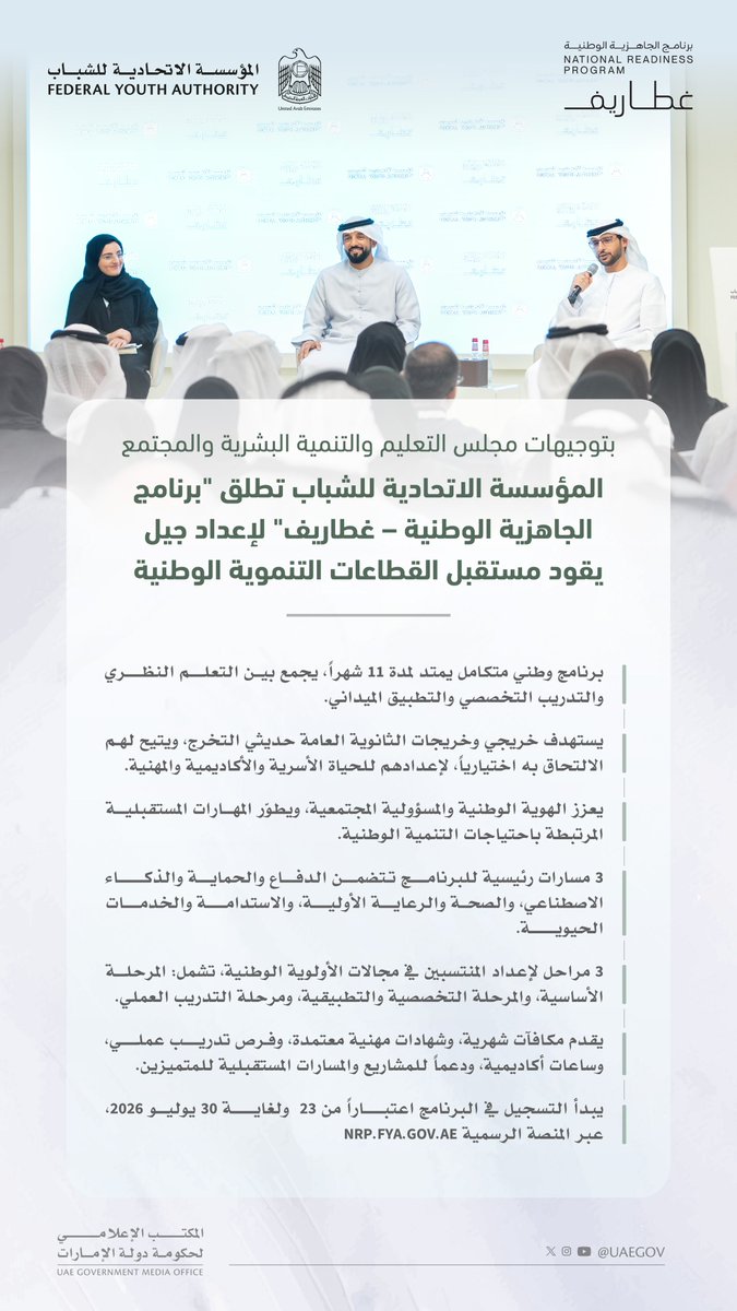 UAEmediaoffice's tweet photo. المؤسسة الاتحادية للشباب تطلق "برنامج الجاهزية الوطنية - غطاريف" https://t.co/KXwU1ylgA2