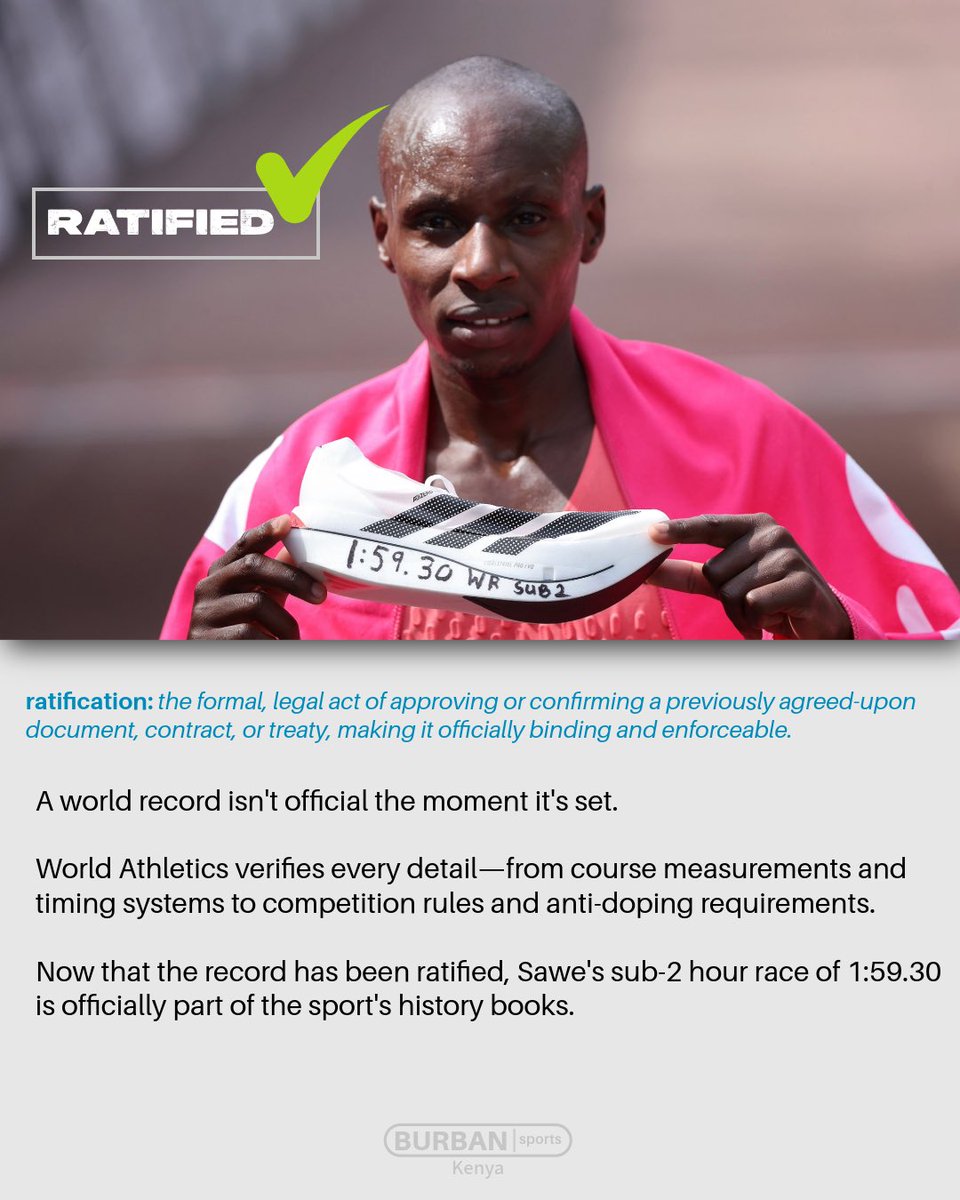 BurbanSportsKE's tweet photo. WORLD RECORD. OFFICIALLY.

Sabastian Sawe's marathon world record has now been officially ratified by World Athletics.

#SabastianSawe #MarathonWorldRecord #WorldAthletics #Kenya #Athletics #RoadRunning #BurbanSports https://t.co/AWZk2eQaHA