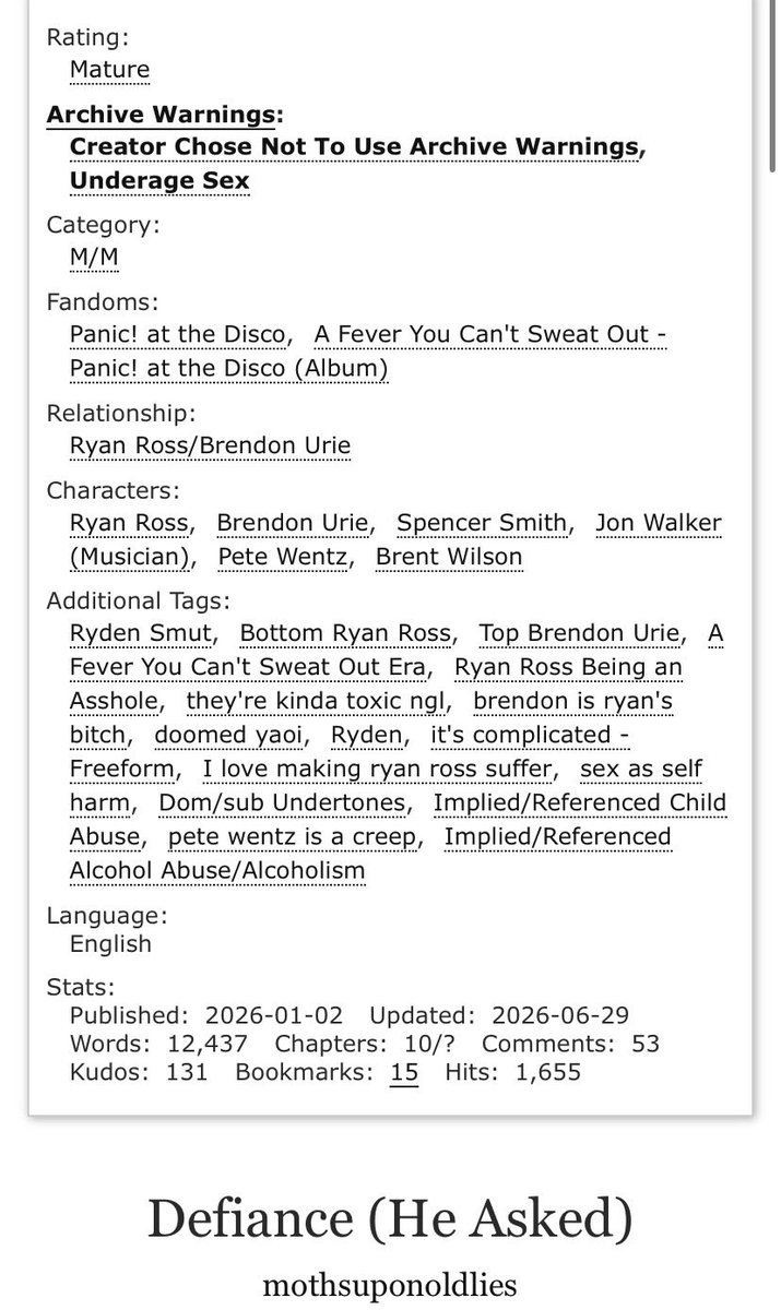 fabledlungs's tweet photo. here’s the ryden fic I’ve been writing it has 10 chapters and is on-going!!!! Might even post a new chp tn!
https://t.co/ziRETpTdSp
My AO3: mothsuponoldlies
Reposts are appreciated💜💜
#panictwt #ryden #ao3 #rydenfic #bandom #rpf #fanfiction #rydenfanfic #bandomtwt https://t.co/JuVhgRlVc9