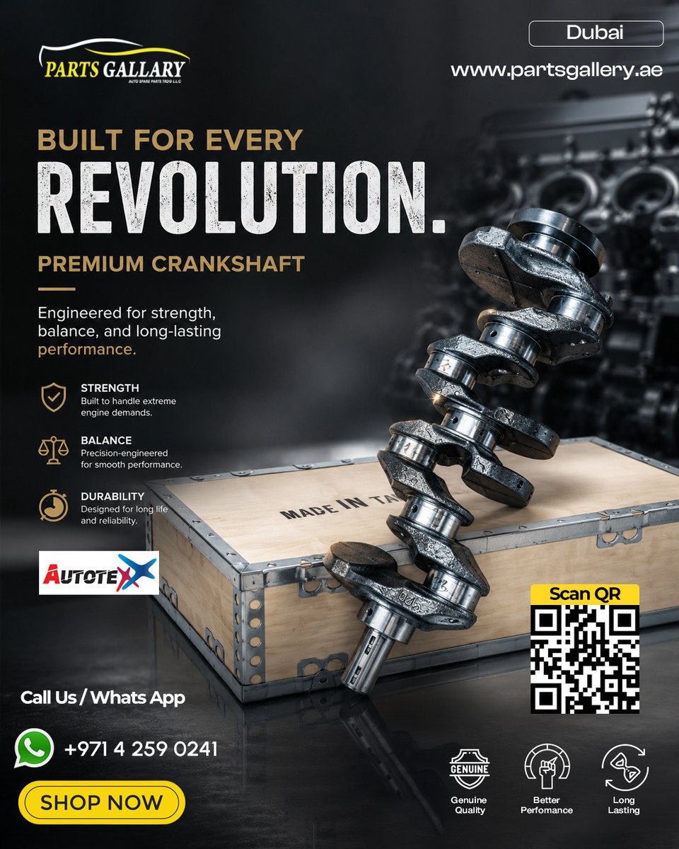 partsgallery's tweet photo. Built for every revolution. ⚙️

Premium Crankshafts engineered for:
✔ Strength
✔ Perfect Balance
✔ Long-Lasting Performance
Upgrade your engine with genuine quality from Parts Gallery.
📍 Dubai
📞 +971 4 259 0241
🌐 https://t.co/Y9eib3ICdH
#Crankshaft #AutoParts  #Dubai https://t.co/QvDPzrEw78