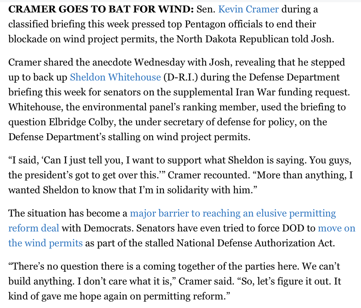 SiegelScribe's tweet photo. Fun lil anecdote in ME. Sen. Kevin Cramer (R-N.D.) told me during a classified briefing Tues on the admin's Iran War funding request he pressed top Pentagon officials to end their blockade on wind project permits, backing up EPW ranker Sheldon Whitehouse, who was asking about it https://t.co/snxaYWigN3