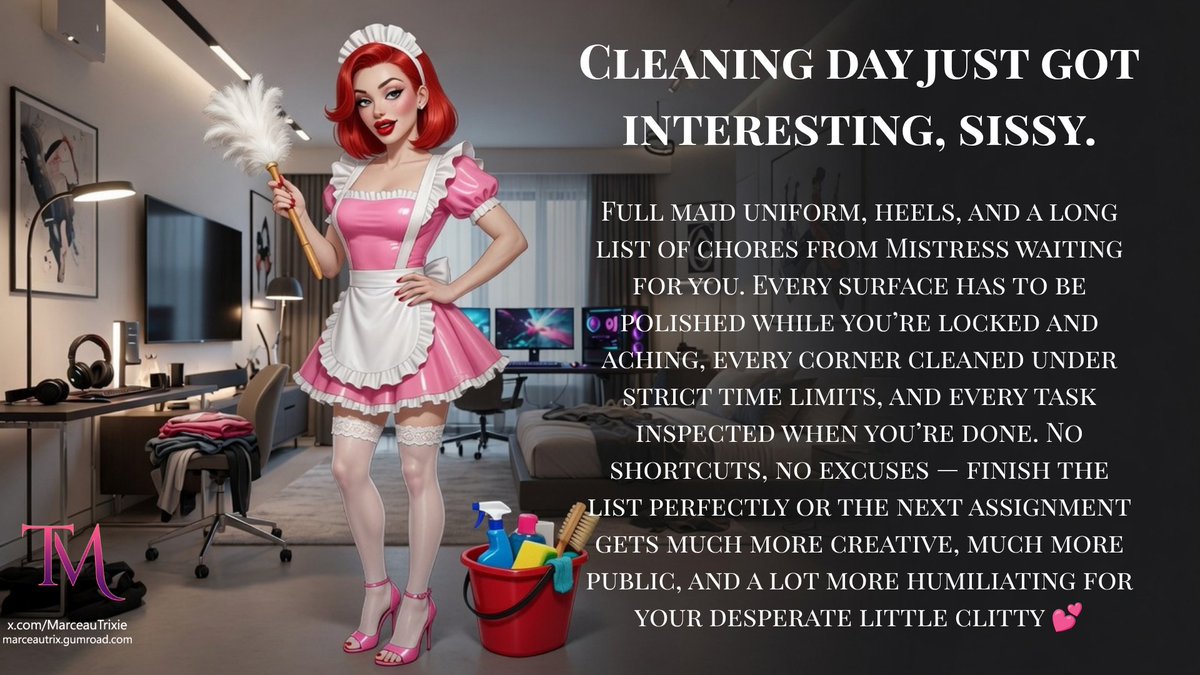 MarceauTrixie's tweet photo. Pink latex, white apron, and a whole apartment that needs to sparkle… while your cage stays #locked the entire time. Mistress’s favourite way to keep a #sissy busy and desperate. Ready for your own cleaning list? 💕 #MaidTask #LockedService #DomesticSissy https://t.co/RbNT1oH5CU