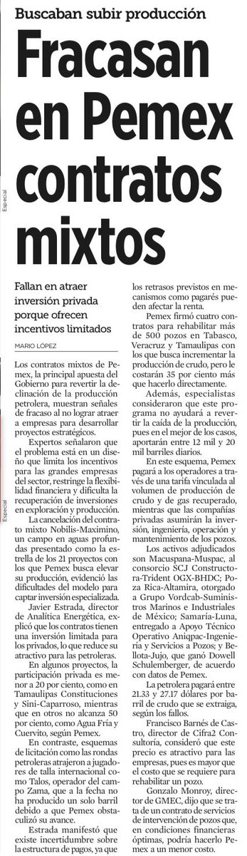 bereaguilarv's tweet photo. Otro plan estrella de la 4T que termina en desastre.

❗️Fracasan los contratos mixtos de Pemex.
❗️No atraen inversión privada.
❗️Las grandes petroleras no ven incentivos.
❗️Cancelan proyectos estratégicos.
❗️La producción seguiría cayendo.
❗️En el mejor escenario, apenas sumarían entre 12 y 20 mil barriles diarios.
Y rehabilitar pozos costará 35% más.