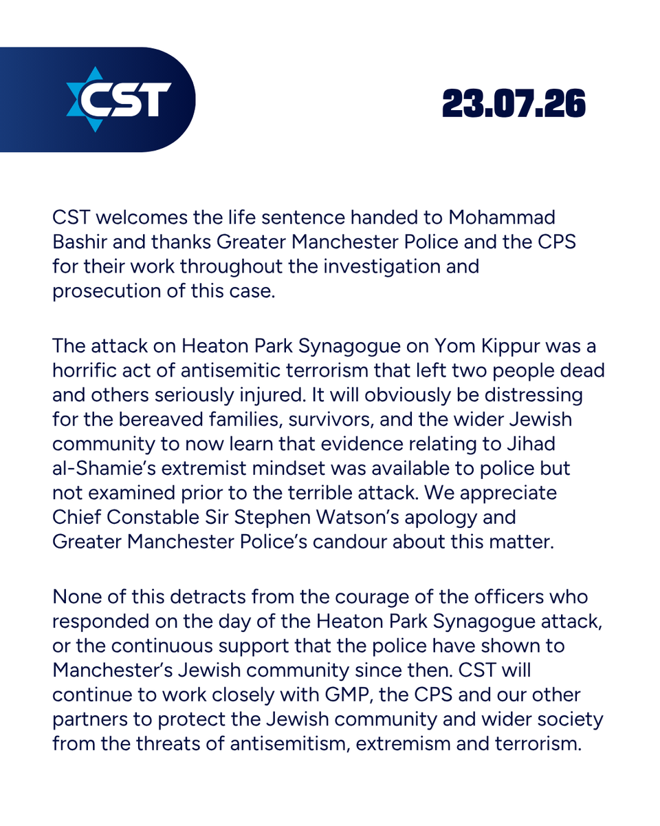 CST_UK's tweet photo. CST welcomes the life sentence handed to Mohammad Bashir and thanks @gmpolice and the @CPSUK for their work throughout the investigation and prosecution of this case. https://t.co/Fbt3r8j2IY