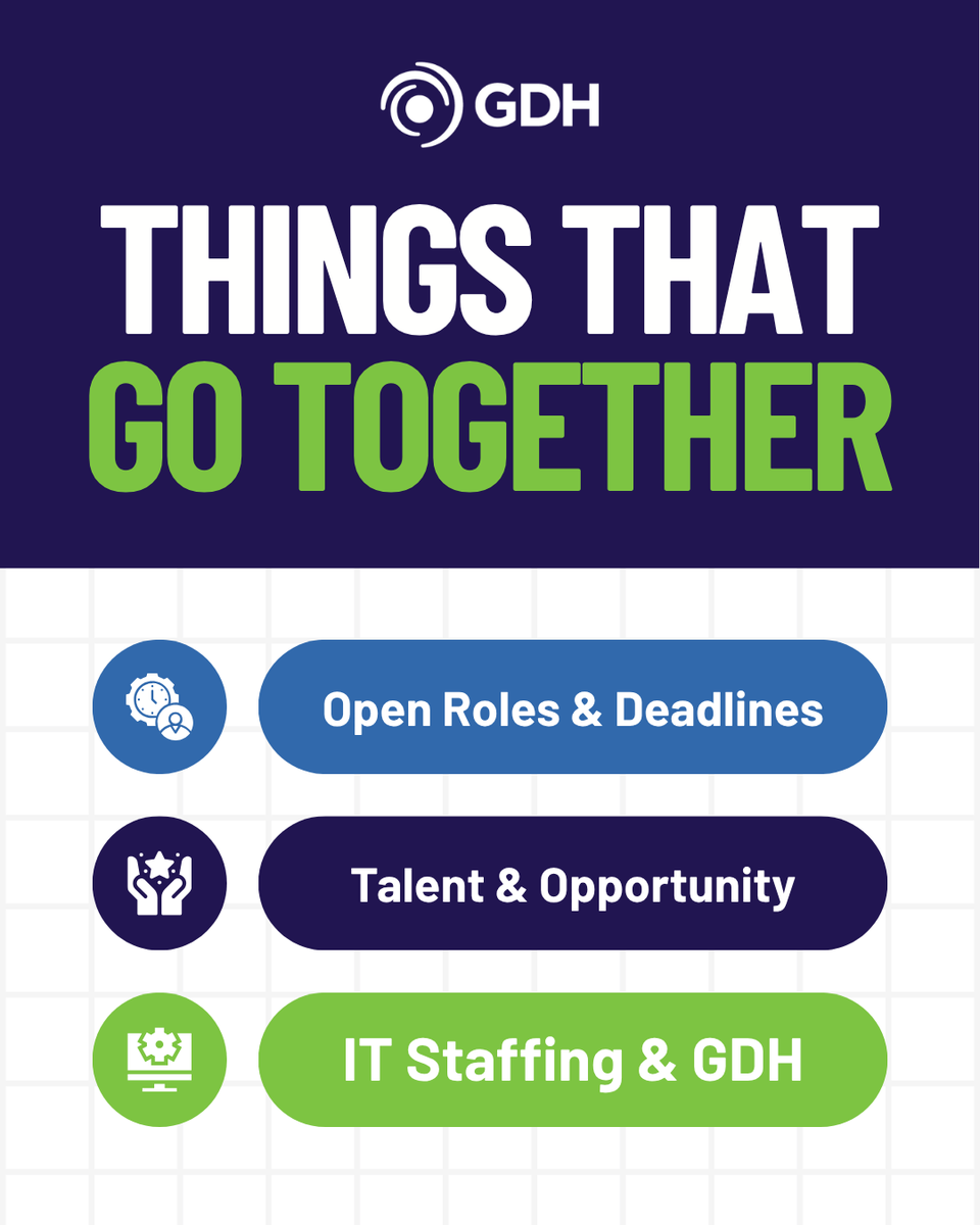 gdhinc's tweet photo. Some things just go together. 🤝

✅ Open Roles &amp; Deadlines

✅ Talent &amp; Opportunity

✅ IT Staffing &amp; GDH

At GDH, we connect talented professionals with meaningful opportunities while helping organizations keep critical initiatives moving forward. https://t.co/HIDdWShigX