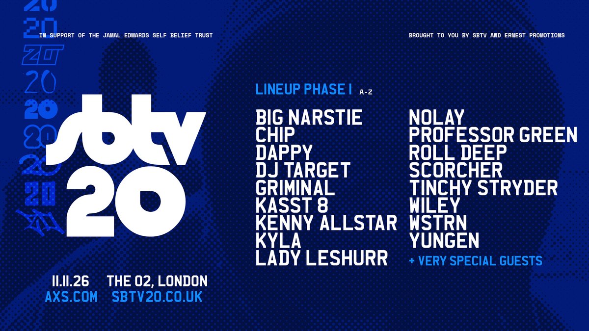 AXS_UK's tweet photo. #AXSNEW 🎤 20 years. 1 stage. 1 unforgettable night. @SBTVonline brings SBTV20 to @TheO2 on Wednesday 11th November! This is a celebration of the culture - and of the lasting legacy of founder Jamal Edwards MBE. 

⏰ Presales start Wednesday 29th at 9am
General on sale Friday 31st at 9am
🎟 https://t.co/SOMjndysYi