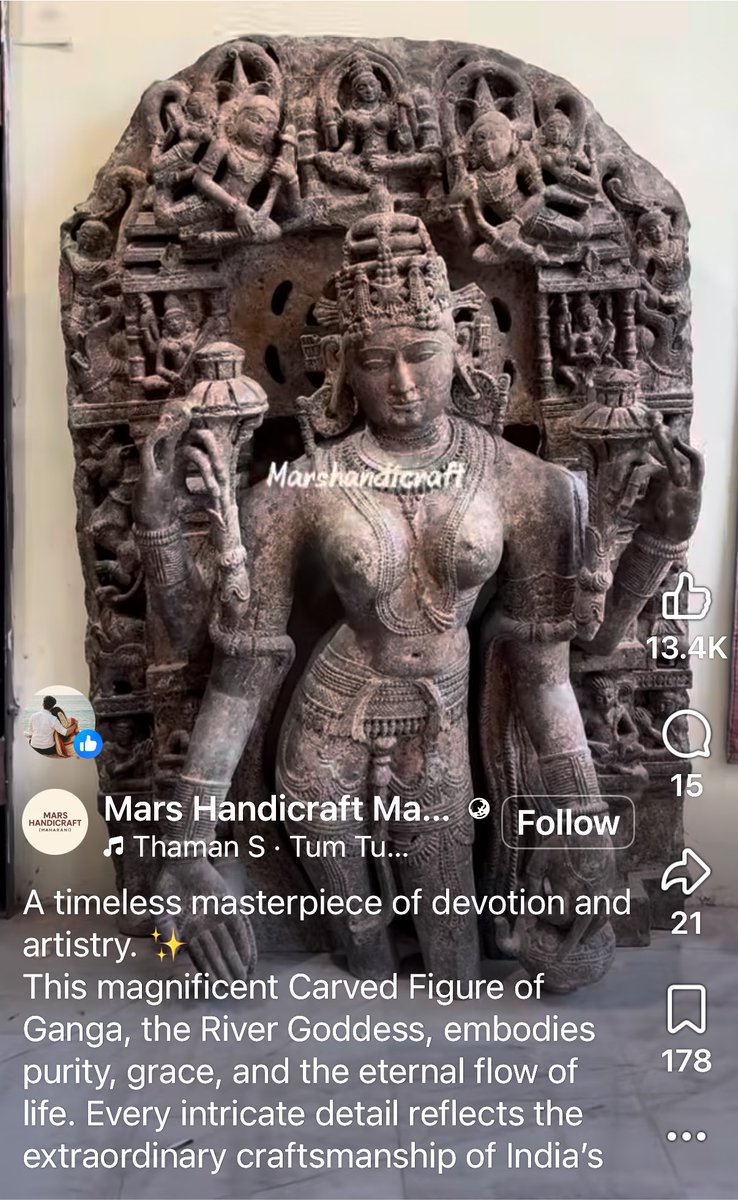 Girishvhp's tweet photo. This idol of Maa Ganga appears to be extremely ancient and of immense historical and cultural value. Such an artefact should not be kept for sale in a shop it is part of our national heritage.

There is a serious possibility that it may have been illegally stolen from a temple. The @ASIGoI must immediately investigate its provenance, take necessary steps to secure the idol, and ensure its preservation in an appropriate national museum.