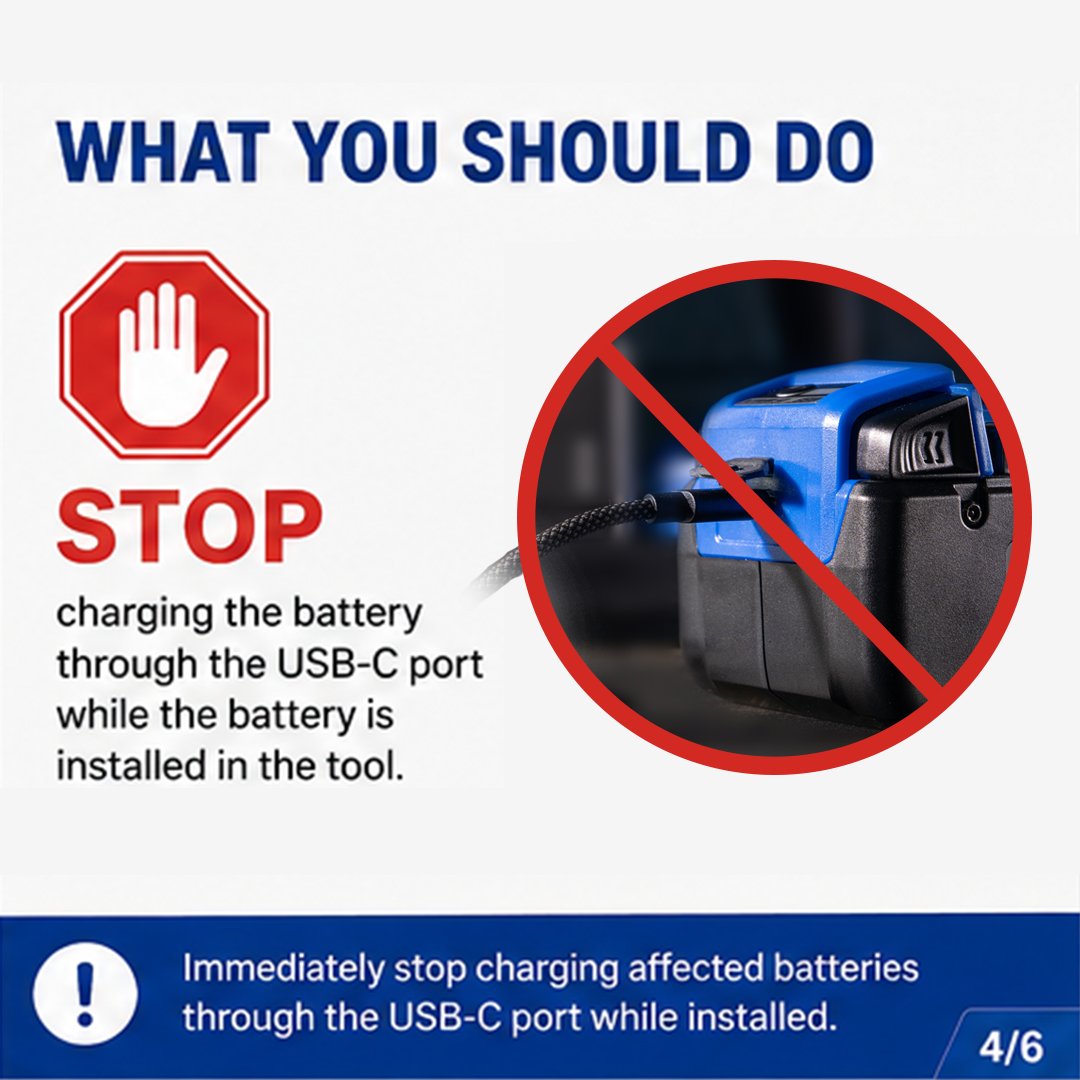greenworkstools's tweet photo. Reminder: If you own certain Kobalt 24V &amp; 48V yard power tools with USB-C batteries, they are being recalled.

Stop charging through the USB-C port while the battery is installed and register for a FREE replacement.

https://t.co/B1dlC28Lfe

@USCPSC #SafetyFirst https://t.co/ZNZRlgUWBo