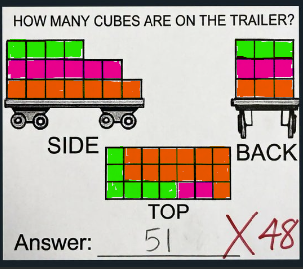 dej4nd's tweet photo. @eLJanglez @MensHumor If you can think in 3 dimension, as you claim, you would know that this is also possible situation. In this case only 35 cubes. So answer is anywhere between 35 and 51 https://t.co/FlylTb61x5