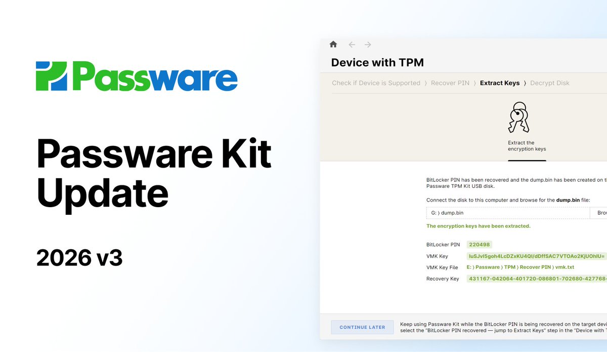 passware's tweet photo. Passware Kit 2026v3 is live:
🔓 Recovers BitLocker PINs on TPM-protected devices
🔑 Recovers GNOME Keyring passwords
📊 Decrypts the latest Quicken Classic
🥷 Supports more hashcat rules
🗓️ Plus: we've moved to Annual licensing
#DFIR https://t.co/4SDJuQlNcE https://t.co/2PSy2Wqvur