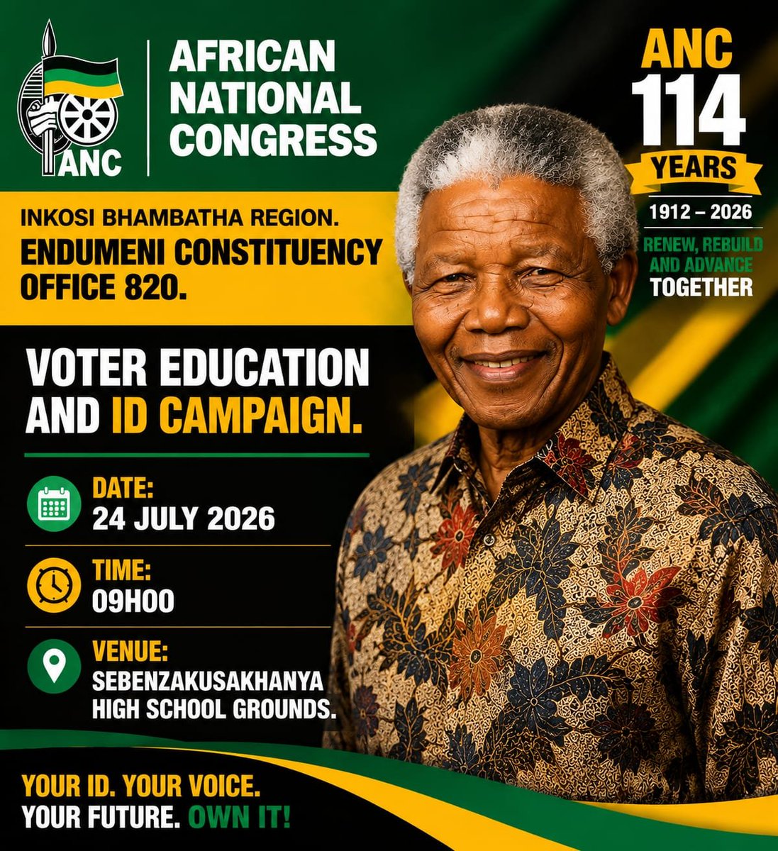 DmJomo's tweet photo. On Friday, ANC PCO820 CMC members will be on the ground leading an outreach programme focusing on voter registration and voter education campaign in the building up to the final voter registration weekend on 1-2 August. 

#RegisterToVoteANC 
#ANCatWork 
#ThePeoplesMovement
⚫️🟢🟡 https://t.co/tofGj63Iol