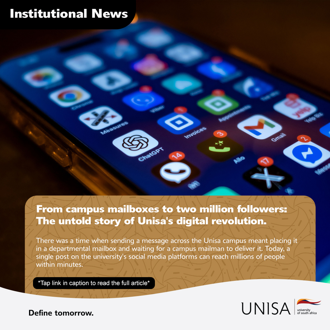 unisa's tweet photo. Once upon a time, communicating at Unisa meant handwritten notes, campus mailboxes and long walks between departments. Today, the university reaches more than two million people across its digital platforms. 

https://t.co/SQ69qDxxRq 

#Unisa150andBeyond https://t.co/g0oIpazTcK