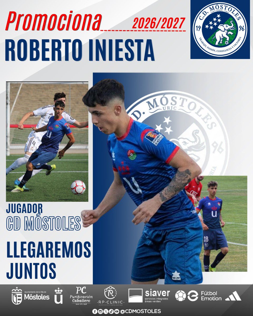 CDMostoles's tweet photo. 💙🐘 El futuro ya es presente.

Tras debutar con el primer equipo la pasada temporada, y marcar gol en El Soto en su primera titularidad, Roberto Iniesta pasa a formar parte de la plantilla para la temporada 2026/27.

Un nuevo paso para un futbolista formado en nuestra cantera, que ve recompensados años de trabajo, compromiso y esfuerzo.

Porque cuando apostamos por nuestra cantera, apostamos por el futuro del CD Móstoles.

¡Enhorabuena, Iniesta! 💙

#VamosMiMóstoles #CanteraCDMóstoles #CDMóstoles #LlegaremosJuntos #FeEnElDestino
