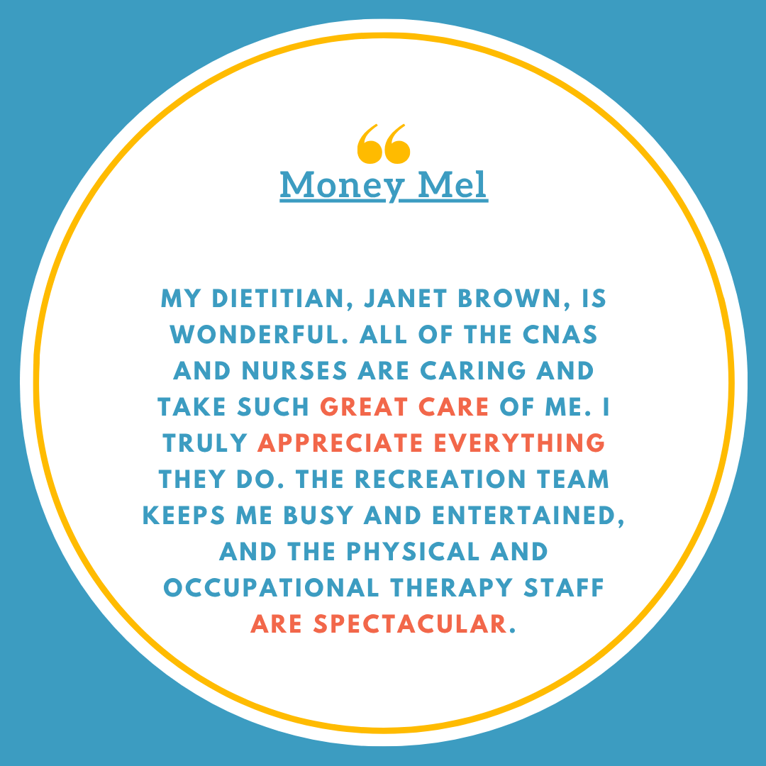 CobbleHill_HC's tweet photo. ❤️ "My dietitian, Janet Brown, is wonderful. All of the CNAs and nurses are caring and take such great care of me. I truly appreciate everything they do. The recreation team keeps me busy and entertained, and the physical and occupational therapy staff are spectacular.” https://t.co/uI1v1CT4Ey