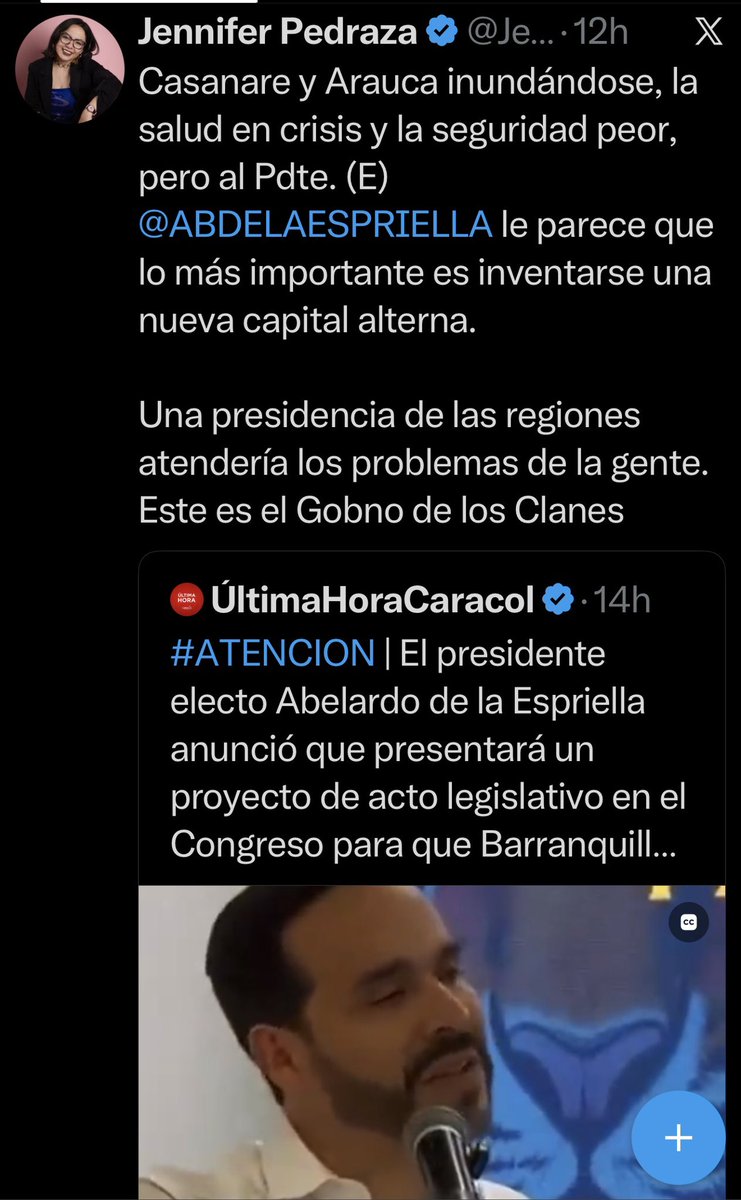 ANIABELLO_R's tweet photo. Entiendo la confusión de Jennifer, porque @ABDELAESPRIELLA ha trabajado más durante este mes que Petro en 4 años. Pero él será presidente en ejercicio a partir del 7 de agosto.

Igual vamos a informarla: la futura primera dama, Ana Lucía Pineda, está liderado una gran colecta de ayudas para el Casanare y Arauca… pero antes también ayudó a los damnificados de Venezuela y a las 40 familias que perdieron sus hogares en el Chocó. Pregunto: ¿qué ha hecho el gobierno que Jennifer apoyó en campaña?

A mi parecer, le molesta la decisión del presidente De la Espriella de gobernar desde y para las regiones, porque a los políticos de siempre les gusta manejar el país desde Bogotá como los titiriteros manejan sus marionetas… con hilos del poder.