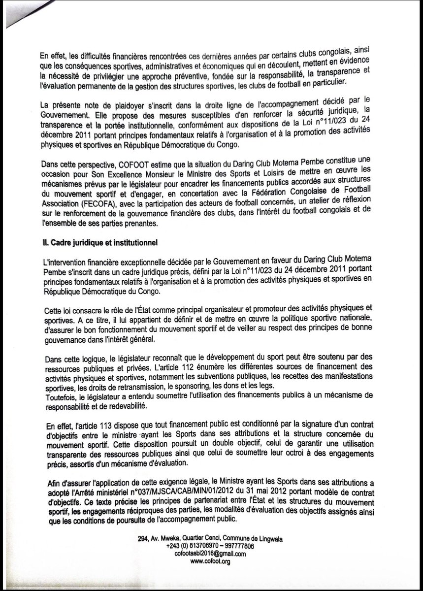 PrinceIlunga14's tweet photo. #COFOOT PLAIDE POUR UNE MEILLEURE GOUVERNANCE FINANCIÈRE DES CLUBS EN RDC.

Dans une note adressée au Ministre des Sports, son excellence @DidierBudimbu le #COFOOT salue l’accompagnement du Gouvernement pour le #DCMP et propose d’en faire une opportunité.

Appliquer pleinement l’art. 113 de la Loi n°11/023 via un contrat d’objectifs pour garantir transparence, responsabilité et suivi des financements publics aux clubs.

Le #COFOOT recommande aussi un atelier national avec la #FECOFA pour renforcer la gestion financière de tous les clubs.  
Pour un football congolais plus responsable et durable.  
#RDC #FootballRDC #COFOOT #FECOFA #DCMP #Gouvernance