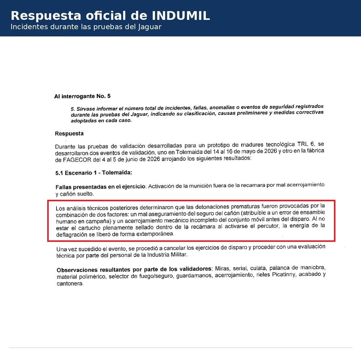 senadormotoa's tweet photo. Durante 4 años advertí que el debilitamiento de las capacidades de la Fuerza Pública tendría consecuencias. Hoy, la propia INDUMIL confirma (mediante oficios previos) incidentes durante las pruebas del fusil Jaguar, que van desde fallas en el prototipo hasta uniformados lesionados que frenarán su producción en serie. Este episodio se suma a los cuestionamientos por la mala adquisición de equipos antidrones y al deterioro de la flota de aeronaves. Por eso, Colombia necesita que @AbDeLaEspriella recupere todo lo que @PetroGustavo acabó y me daré a la tarea de visibilizarlo 👇