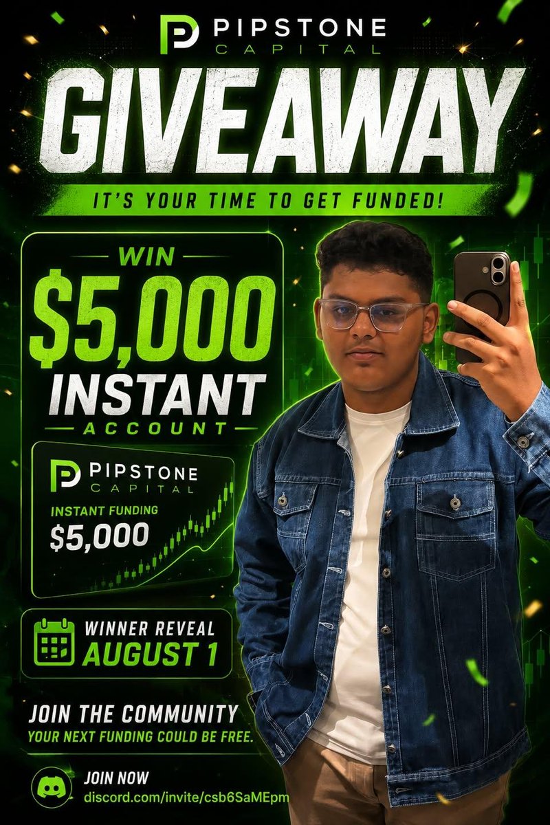 fvguserx1's tweet photo. 🚨 $5,000 Instant Pipstone Giveaway is LIVE! 🔥

One lucky winner will receive a $5,000 Instant Funded Account.

📅 Winner Reveal: August 1
Follow - @Ayaanfx_ 
Join the community:
https://t.co/Iff7gcW7UH…

Good luck! 🍀🚀

#Forex #PropFirm #Giveaway #Trading https://t.co/15gPRJUt3U