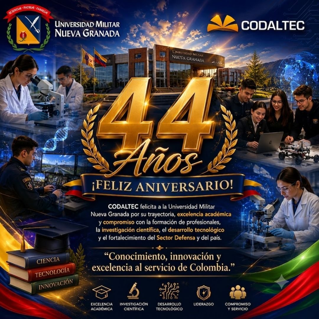 Codaltec's tweet photo. 44 años formando líderes para Colombia. 🇨🇴🎓

Desde @Codaltec felicitamos a la @lamilitar por su aniversario número 44.

Reconociendo su destacada trayectoria y su invaluable aporte a la educación, la ciencia, la investigación y el desarrollo del país.

¡Feliz aniversario! 👏 https://t.co/q0e3Jx0hFg