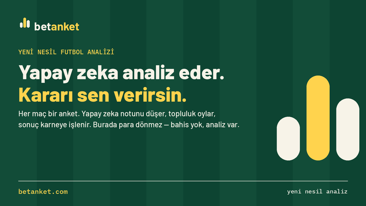 betanketofc's tweet photo. Yapay zeka analiz eder, kararı sen verirsin. ⚽

Her maç bir anket: yapay zeka notunu düşer, topluluk oylar, sonuç karneye işlenir. Bahis yok — analiz var.

https://t.co/nZWq8LAGFs
#futbol #yapayzeka https://t.co/LxyzvLyLEV