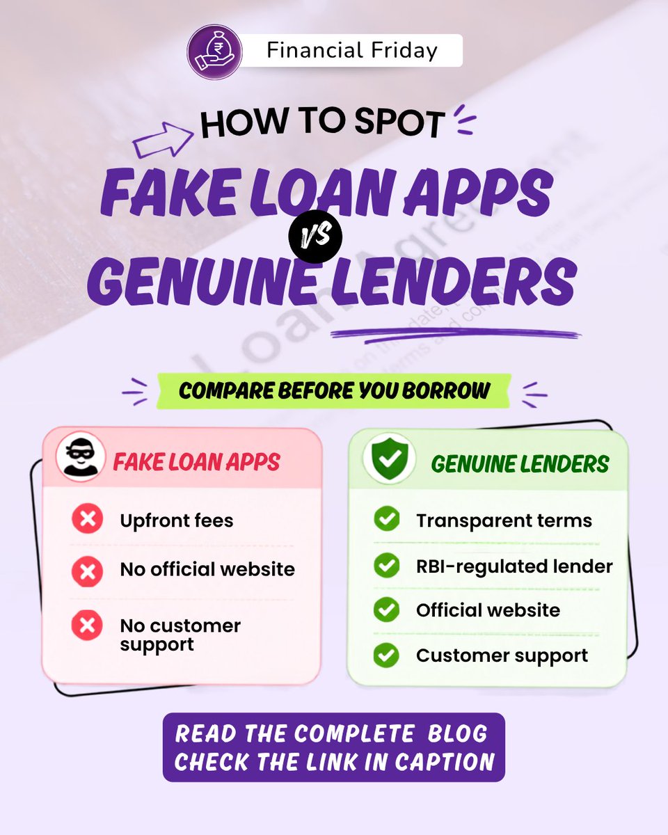 loantapin's tweet photo. Read the complete blog:
https://t.co/3TL43uZxrd
Fake loan apps can look convincing, but a few warning signs can help you stay protected.
Be cautious of upfront fees, missing official websites, unclear terms, and no customer support.
#FinancialFriday #LoanTap #FakeLoanApps https://t.co/UwB9SdaUET