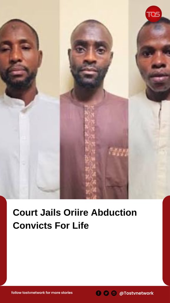 TOSTVNETWORK1's tweet photo. Court Jails Oriire Abduction Convicts For Life

Three men convicted over the abduction of students and teachers in Oriire Local Government Area of Oyo State have been sentenced to life imprisonment by a Federal High Court in Abuja.

#tostvnetwork #NigeriaNews https://t.co/i8NA1dVyrI